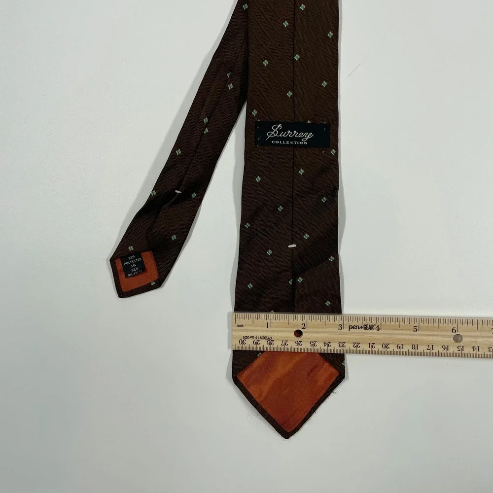 Burreze Brown Herringbone Geometric Diamond Print Necktie Mens OS